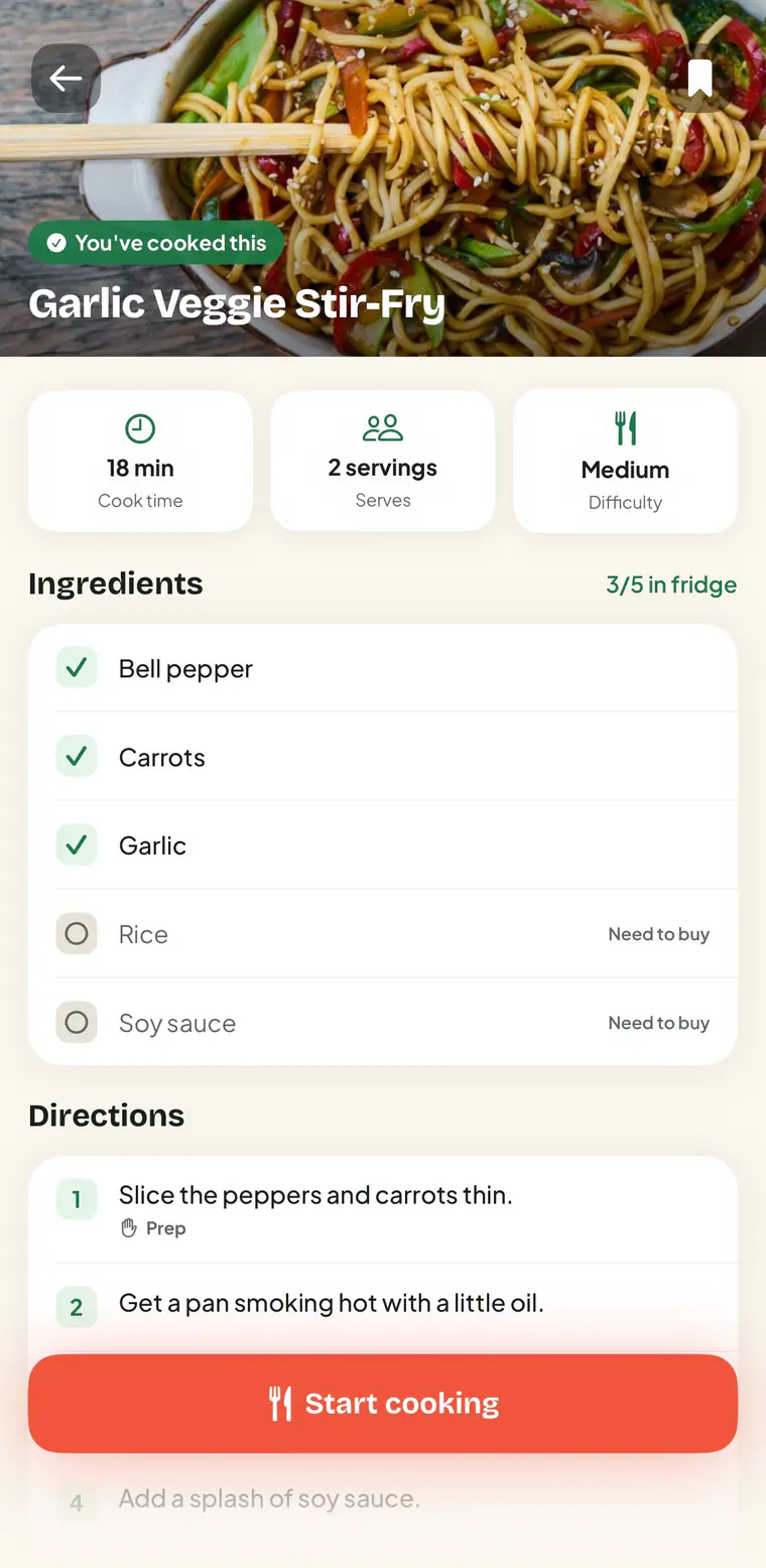 The Scrappy app showing a recipe built from what is in your fridge: Garlic Veggie Stir-Fry, with its ingredients and steps.